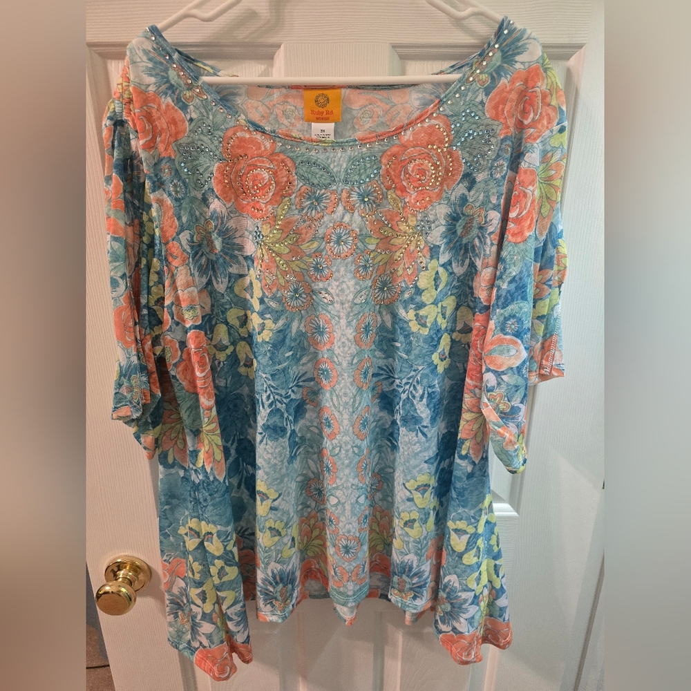 Ruby Rd. Floral Scoop Neck Tunic - Teal, Coral & Yellow